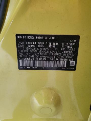 JHMGK5H51GX022806 - 2016 HONDA FIT LX YELLOW photo 12