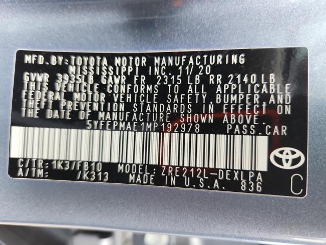 5YFEPMAE1MP192978 - 2021 TOYOTA COROLLA LE 蓝色 照片 12