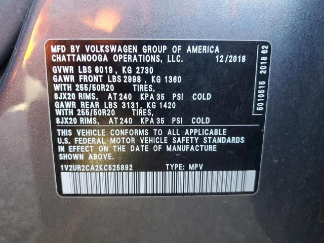 1V2UR2CA2KC525892 - 2019 VOLKSWAGEN ATLAS SE GRAY photo 14