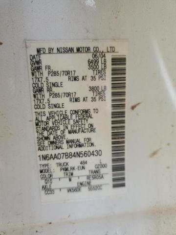 1N6AA07B84N560430 - 2004 NISSAN TITAN XE WHITE photo 12