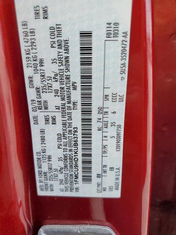 1FMCU9HD1KUB63793 - 2019 FORD ESCAPE SEL 勃艮第红 照片 13