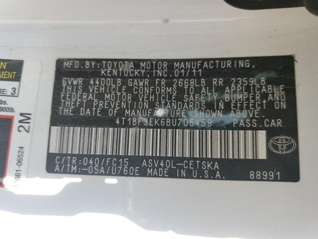 4T1BF3EK6BU705458 - 2011 TOYT CAMRY BASE თეთრი ფოტო 13