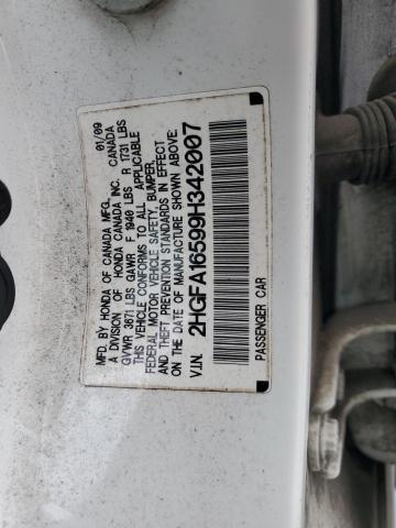 2HGFA16599H342007 - 2009 HONDA CIVIC LX თეთრი ფოტო 12