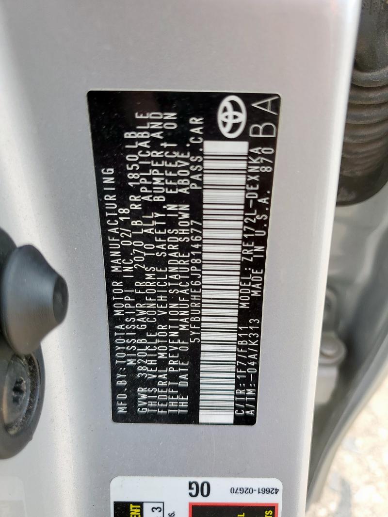 5YFBURHE6JP814677 - 2018 TOYOTA COROLLA L SILVER photo 13