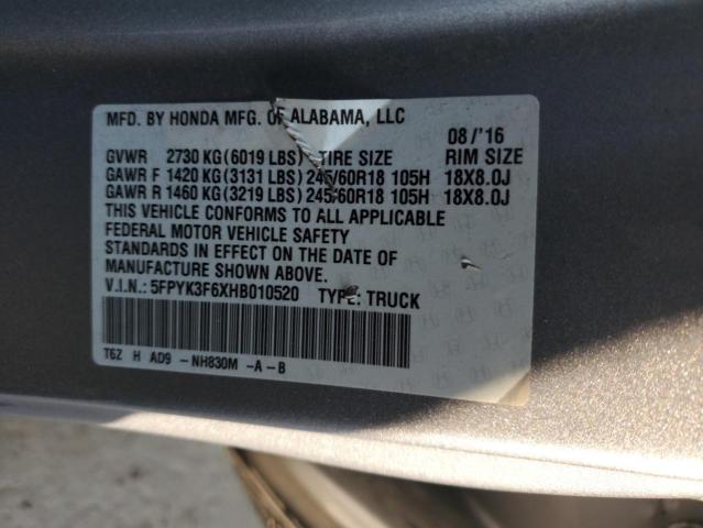 5FPYK3F6XHB010520 - 2017 HONDA RIDGELINE RTL Gümüş foto 12