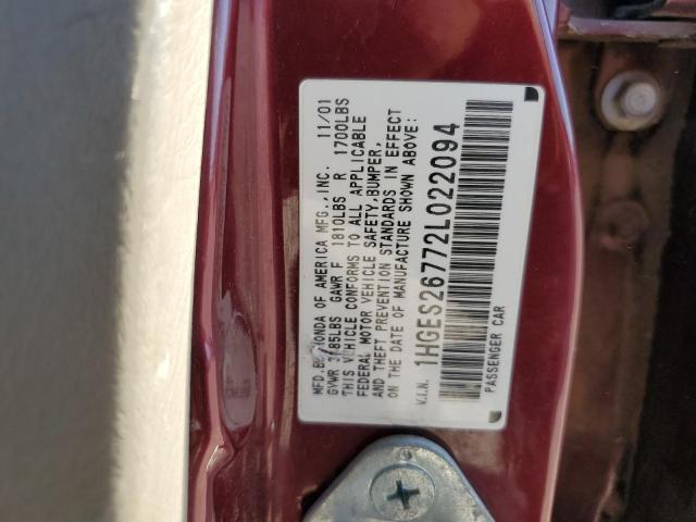 1HGES26772L022094 - 2002 HONDA CIVIC EX MAROON photo 12