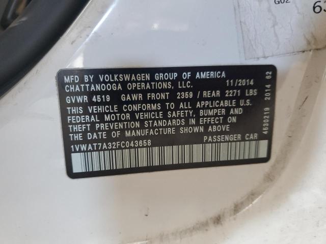 1VWAT7A32FC043658 - 2015 VOLKSWAGEN PASSAT S WHITE photo 12