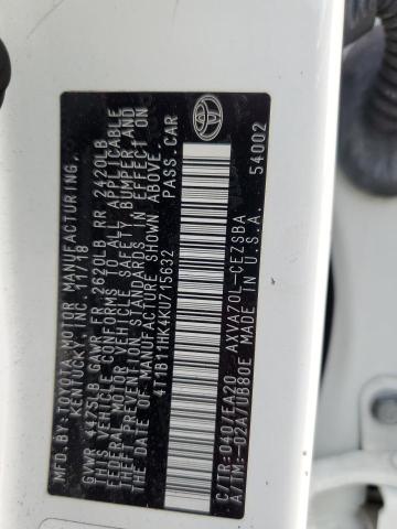 4T1B11HK4KU715632 - 2019 TOYOTA CAMRY L 白色 照片 12