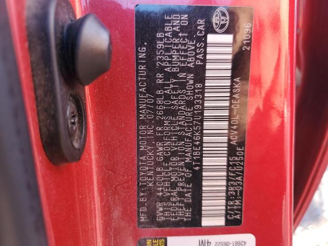 4T1BE46K57U193318 - 2007 TOYOTA CAMRY CE 红色 照片 12