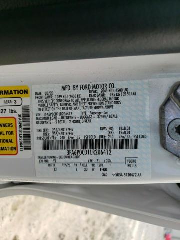 3FA6P0CD1LR206412 - 2020 FORD FUSION SEL WHITE photo 12