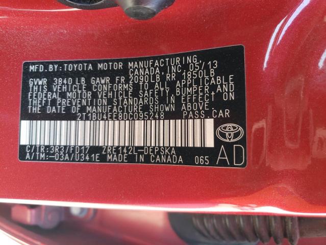 2T1BU4EE8DC095248 - 2013 TOYOTA CARROLLA BASE RED photo 12