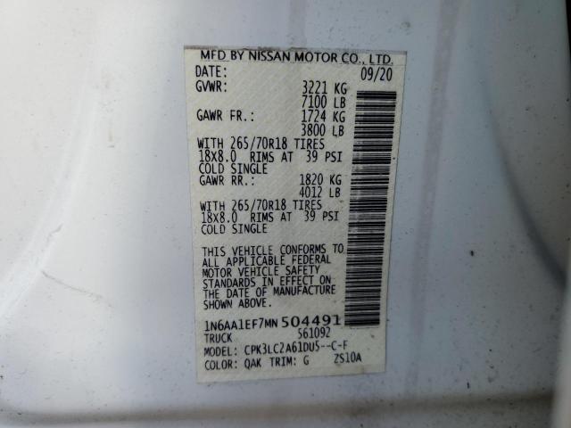 1N6AA1EF7MN504491 - 2021 NISSAN TITAN SV WHITE photo 13