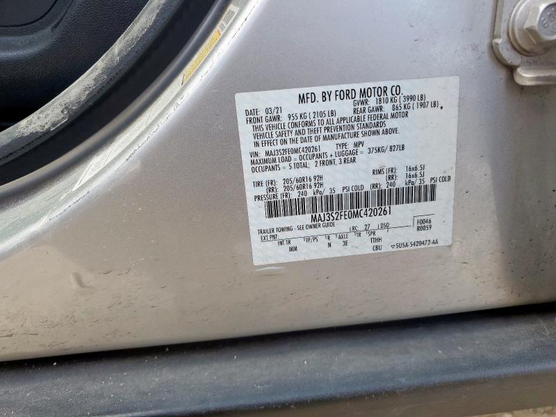 MAJ3S2FE0MC420261 - 2021 FORD ECOSPORT S Күміс фото 12