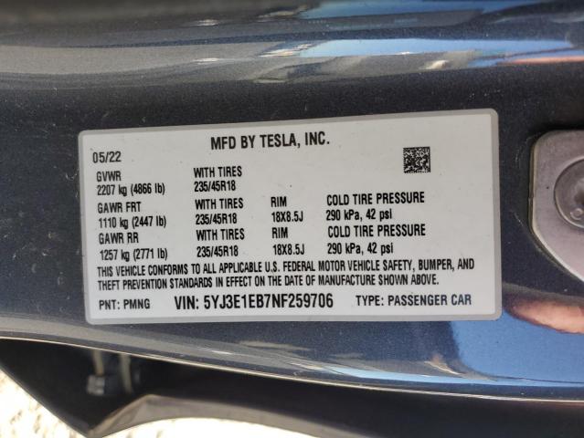5YJ3E1EB7NF259706 - 2022 TESLA MODEL 3 石墨色 照片 13