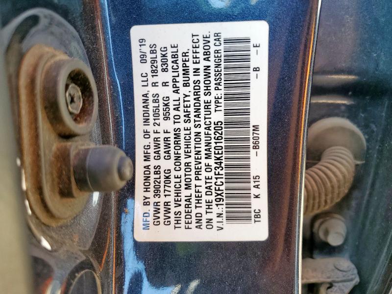 19XFC1F34KE016205 - 2019 HONDA CIVIC EX BLACK photo 10