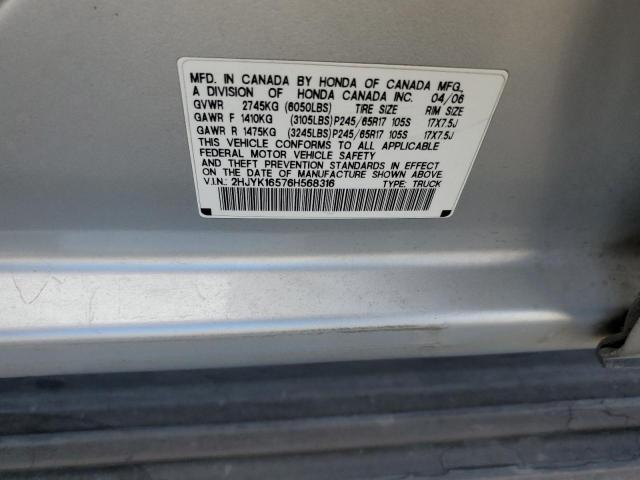 2HJYK16576H568316 - 2006 HONDA RIDGELINE RTL SILVER photo 12