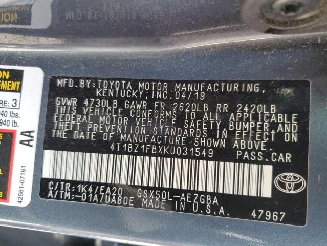 4T1BZ1FBXKU031549 - 2019 TOYOTA AVALON XLE Mavi foto 12