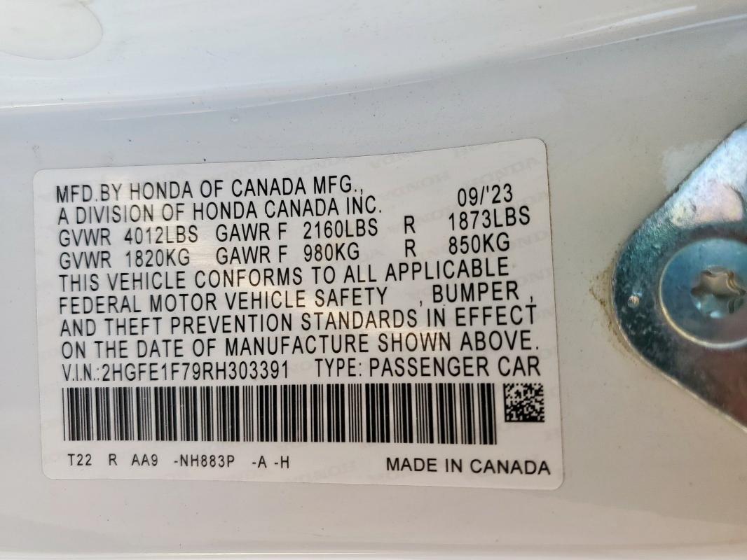 2HGFE1F79RH303391 - 2024 HONDA CIVIC EX Blanco foto 12