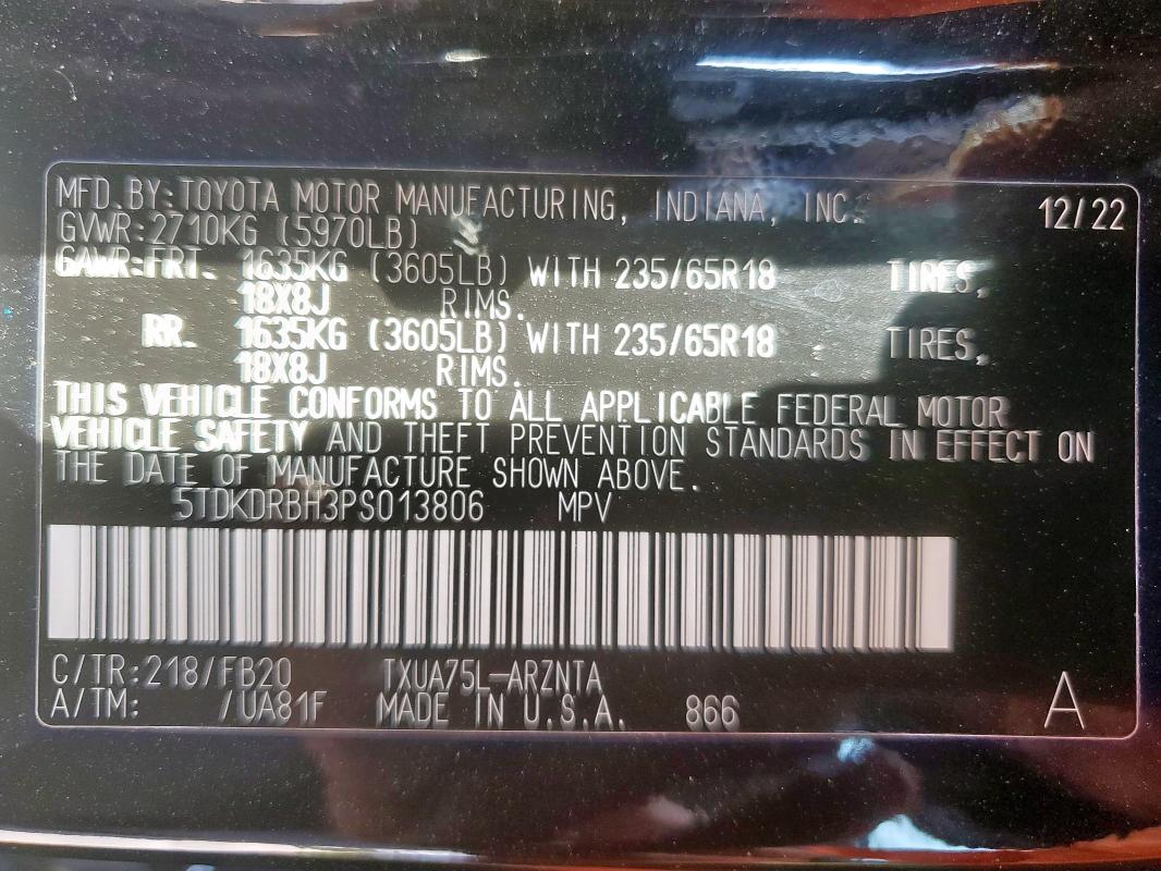 5TDKDRBH3PS013806 - 2023 TOYOTA HIGHLANDER L BLACK photo 14