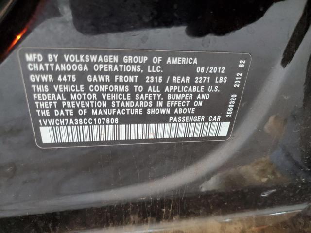 1VWCH7A38CC107806 - 2012 VOLKSWAGEN PASSAT SEL BLACK photo 12