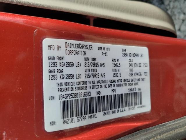 1B4GP25381B216903 - 2001 DODGE CARAVAN SE RED photo 13