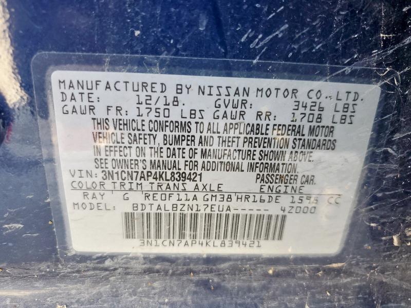 3N1CN7AP4KL839421 - 2019 NISSAN VERSA S أزرق صورة 12