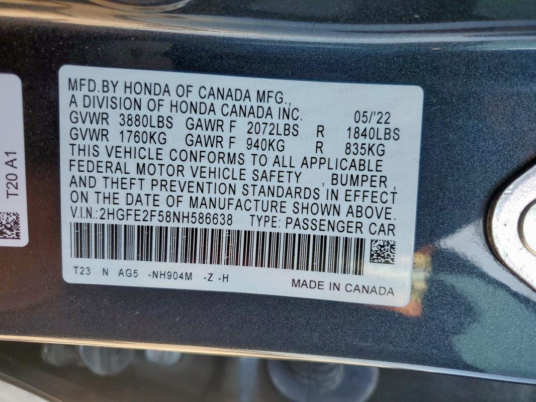 2HGFE2F58NH586638 - 2022 HONDA CIVIC SPORT ნაცრისფერი ფოტო 12