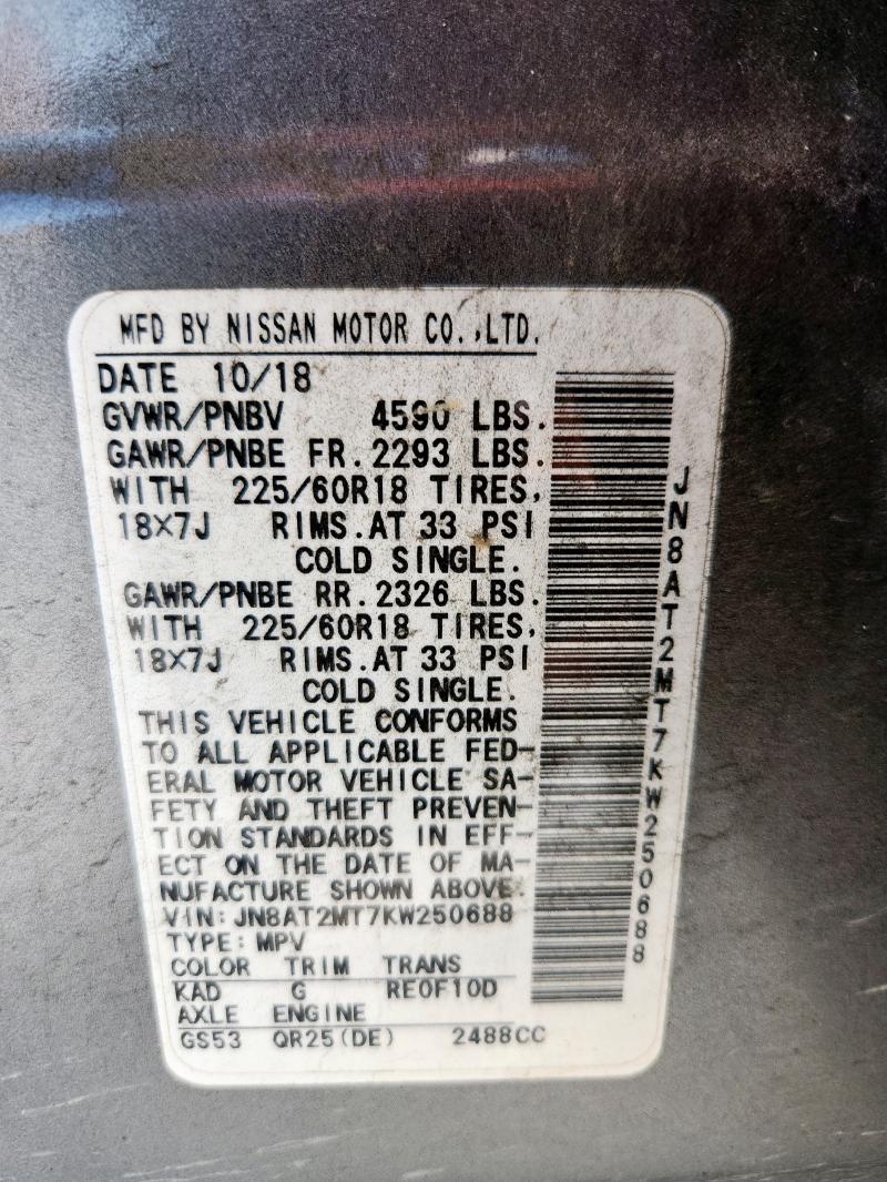 JN8AT2MT7KW250688 - 2019 NISSAN ROGUE S Gris photo 14