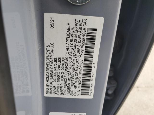 1HGCV2F33MA021535 - 2021 HONDA ACCORD SPORT 灰色 照片 12