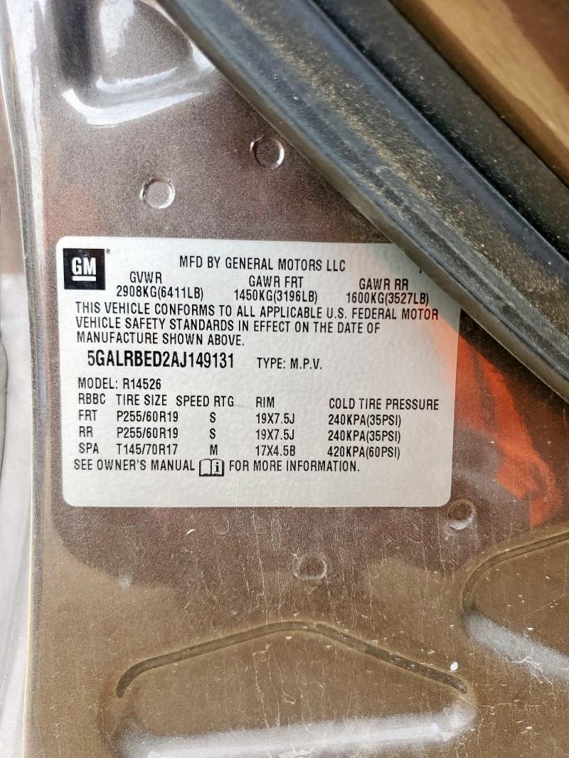 5GALRBED2AJ149131 - 2010 BUICK ENCLAVE CXL BROWN photo 13