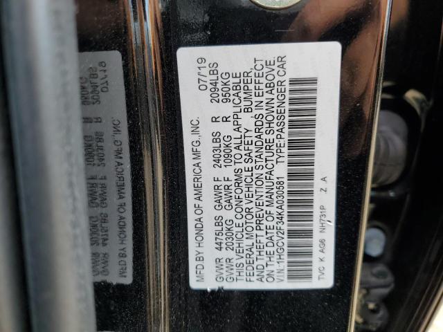 1HGCV2F34KA030581 - 2019 HONDA ACCORD SPORT Սև լուսանկար 12