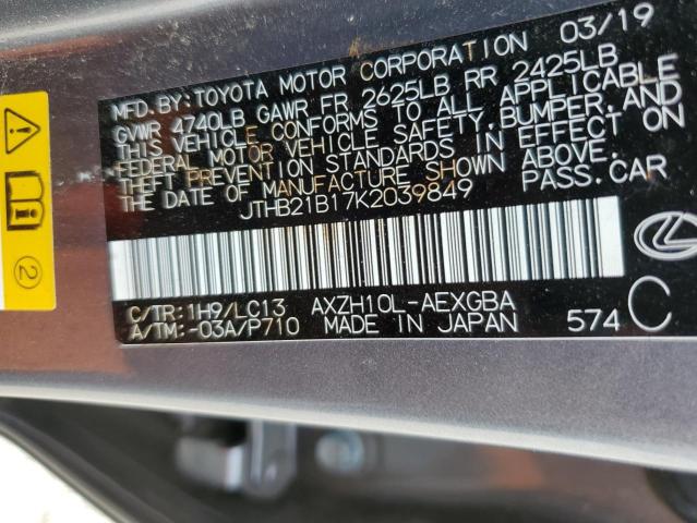 JTHB21B17K2039849 - 2019 LEXUS ES 300H GRAY photo 12