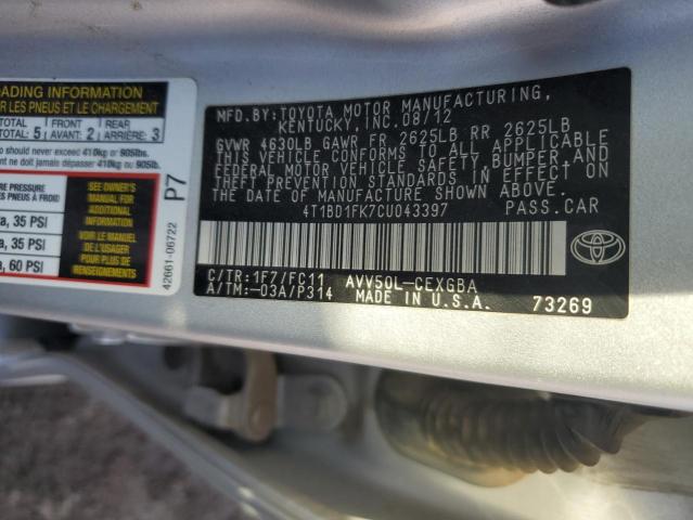 4T1BD1FK7CU043397 - 2012 TOYOTA CAMRY HYBRID SILVER photo 12