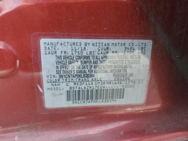 3N1CN7AP0KL838394 - 2019 NISSAN VERSA S RED photo 12