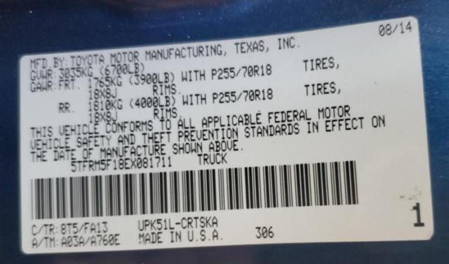 5TFRM5F18EX081711 - 2014 TOYOTA TUNDRA DOUBLE CAB SR/SR5 BLUE photo 12