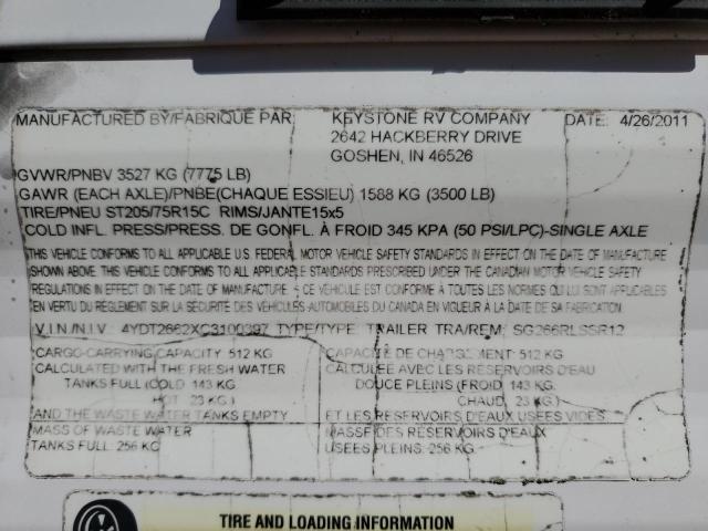 4YDT2662XC3100397 - 2012 KEYSTONE SPRINGDALE WHITE photo 10