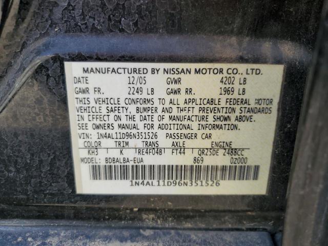 1N4AL11D96N351526 - 2006 NISSAN ALTIMA S BLACK photo 12