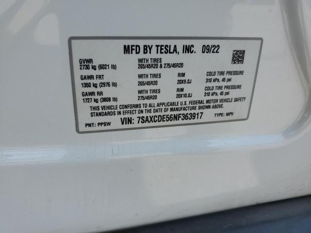 7SAXCDE56NF363917 - 2022 TESLA MODEL X WHITE photo 12