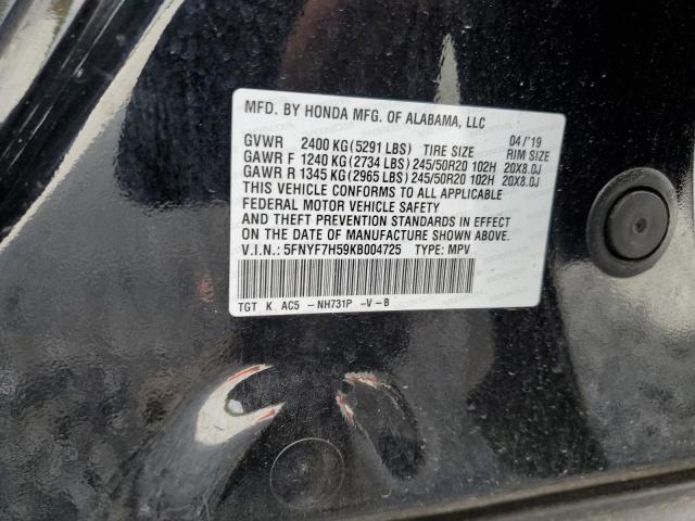 5FNYF7H59KB004725 - 2019 HONDA PASSPORT EXL BLACK photo 12