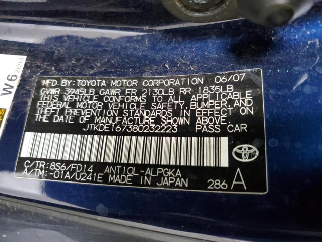 JTKDE167380232223 - 2008 TOYOTA SCION TC ლურჯი ფოტო 12