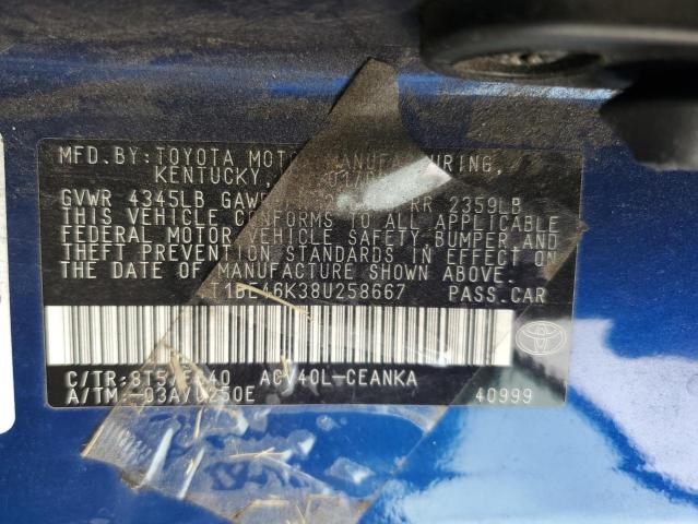 4T1BE46K38U258667 - 2008 TOYOTA CAMRY CE BLUE photo 12