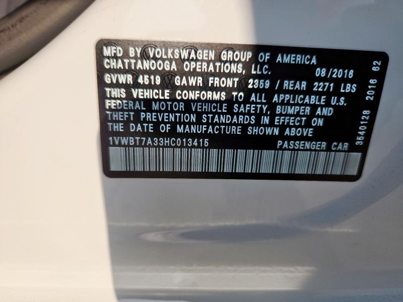 1VWBT7A33HC013415 - 2017 VOLKSWAGEN PASSAT SE 白色 照片 12