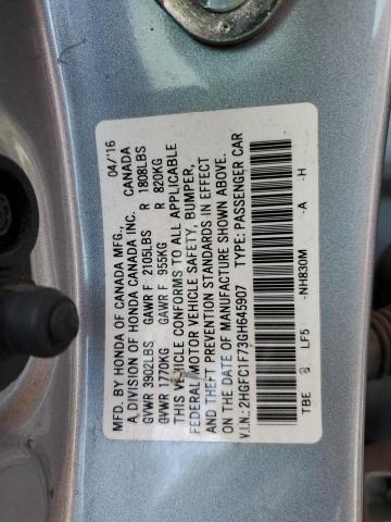 2HGFC1F73GH645907 - 2016 HONDA CIVIC EXL SILVER photo 12