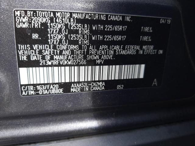 2T3W1RFV0KW027566 - 2019 TOYOTA OTHER XLE GRAY photo 12