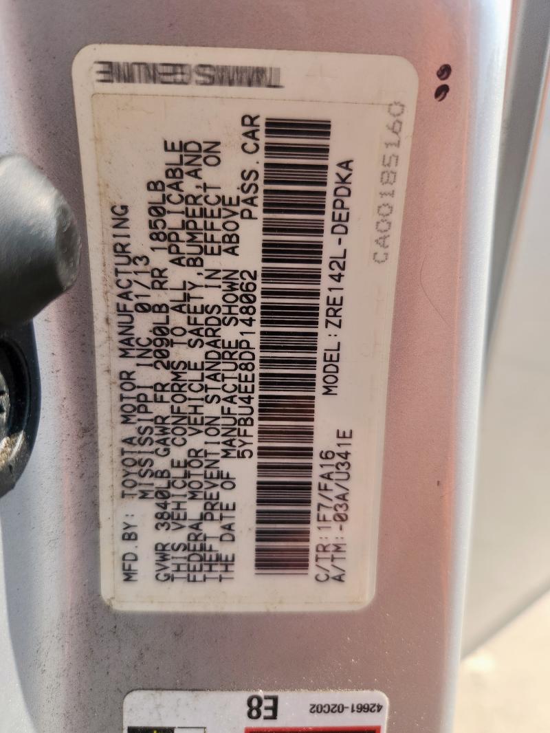 5YFBU4EE8DP148062 - 2013 TOYOTA COROLLA BASE Argent photo 13