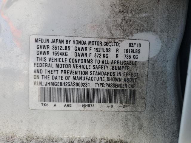 JHMGE8H25AS000231 - 2010 HONDA FIT WHITE photo 12