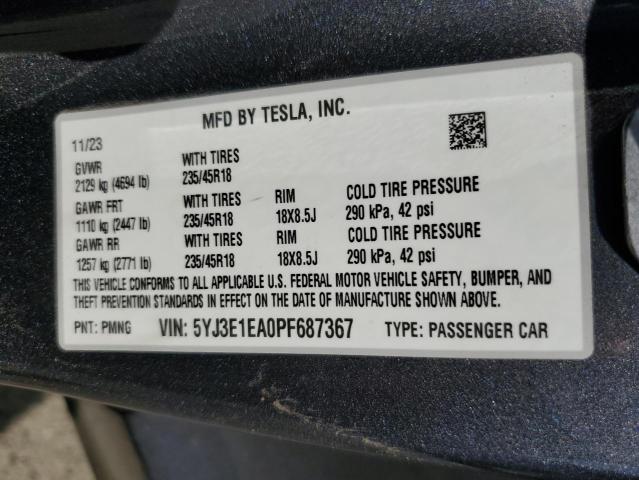 5YJ3E1EA0PF687367 - 2023 TESLA MODEL 3 CHARCOAL photo 12