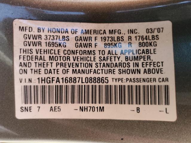 1HGFA16887L088865 - 2007 HONDA CIVIC EX Boz foto 12