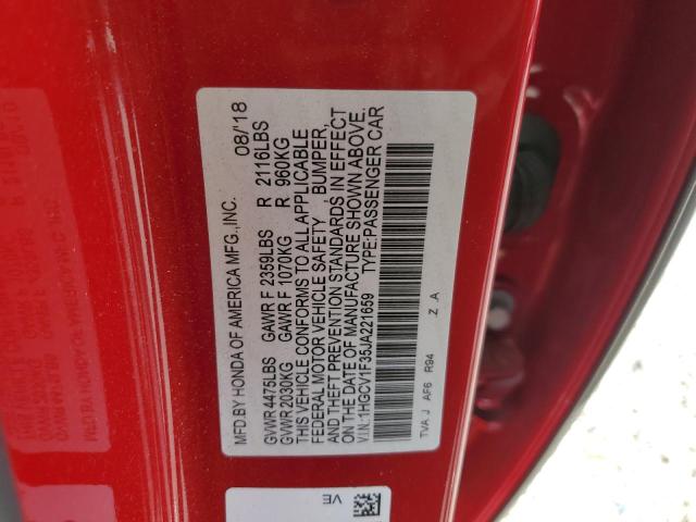 1HGCV1F35JA221659 - 2018 HONDA ACCORD SPORT წითელი ფოტო 12