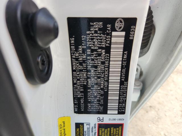 4T4BF1FK9CR186223 - 2012 TOYOTA CAMRY BASE 白色 照片 12